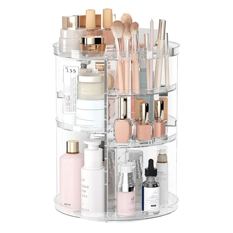Clear makeup organizer with various cosmetic items on a white background. Rotating makeup organizer Pakistan, acrylic 360 makeup organizer.