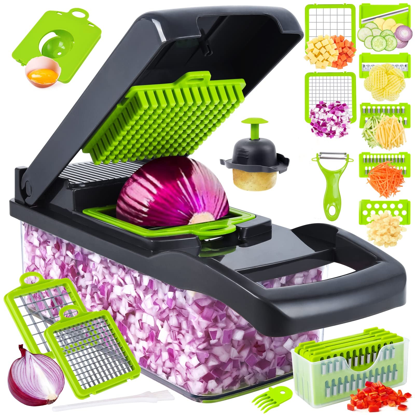 Multifunctional kitchen tool with onion dicer and additional attachments on a white background. 16 in 1 vegetable chopper Pakistan, mandoline slicer onion cutter.