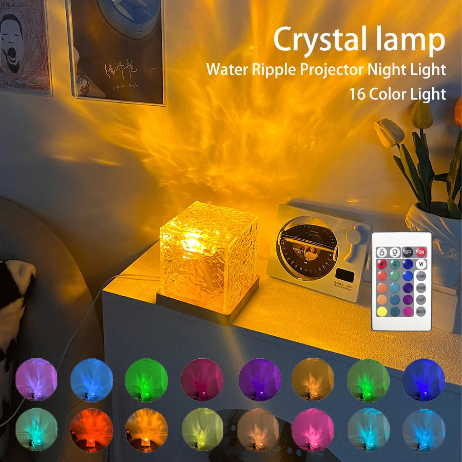 Crystal lamp with water ripple projector night light on a table, surrounded by colorful light options.