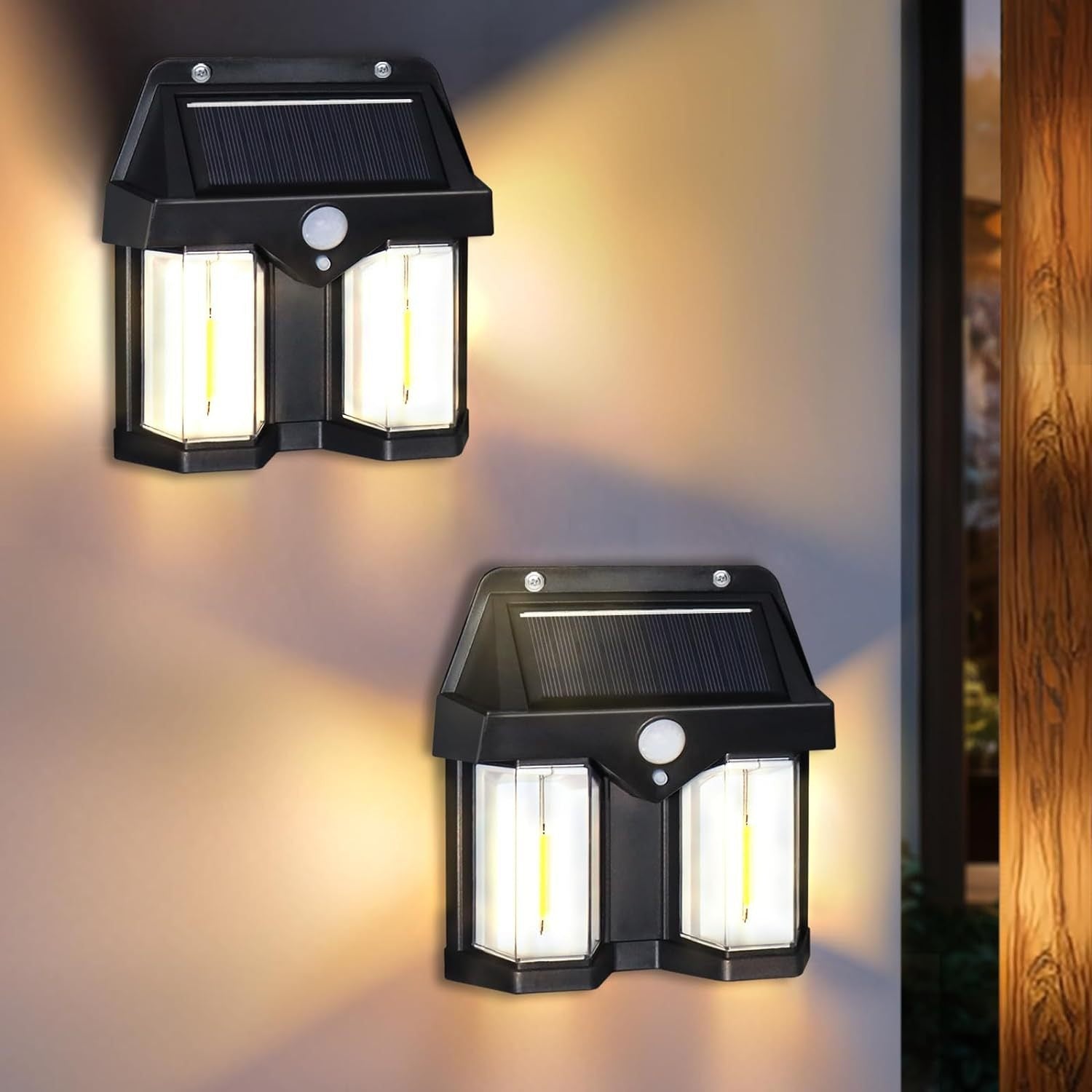 Two solar-powered outdoor wall lights on a wall with a blurred background. solar wall light CL-228, solar motion sensor light Pakistan, outdoor waterproof solar light.