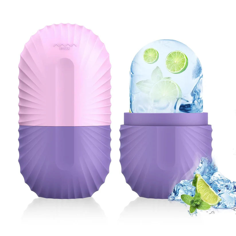 Purple and pink silicone ice mold with water and lime slices on a white background.  ice roller for face Pakistan, face icer reusable silicone, de puff eyes tool.