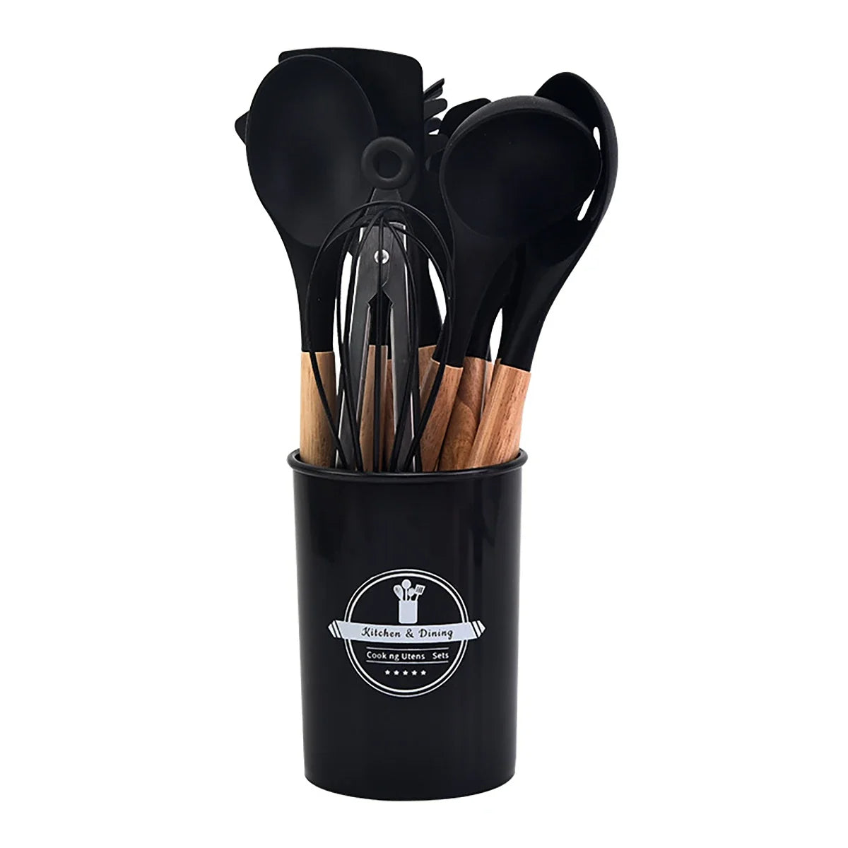 Black kitchen utensil set in a holder with visible branding on a white background. silicone wooden handle kitchen utensil set Pakistan.