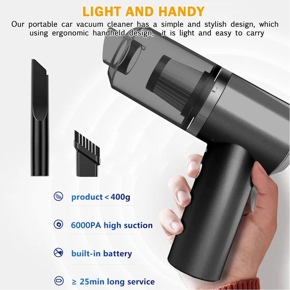Portable cordless car vacuum cleaner Pakistan with attachments and text highlighting features on a white background