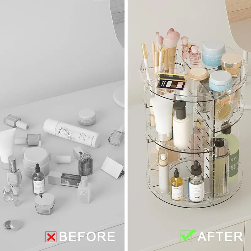 Before and after comparison of a cluttered makeup area with rotating makeup organizer Pakistan, acrylic 360 makeup organizer.