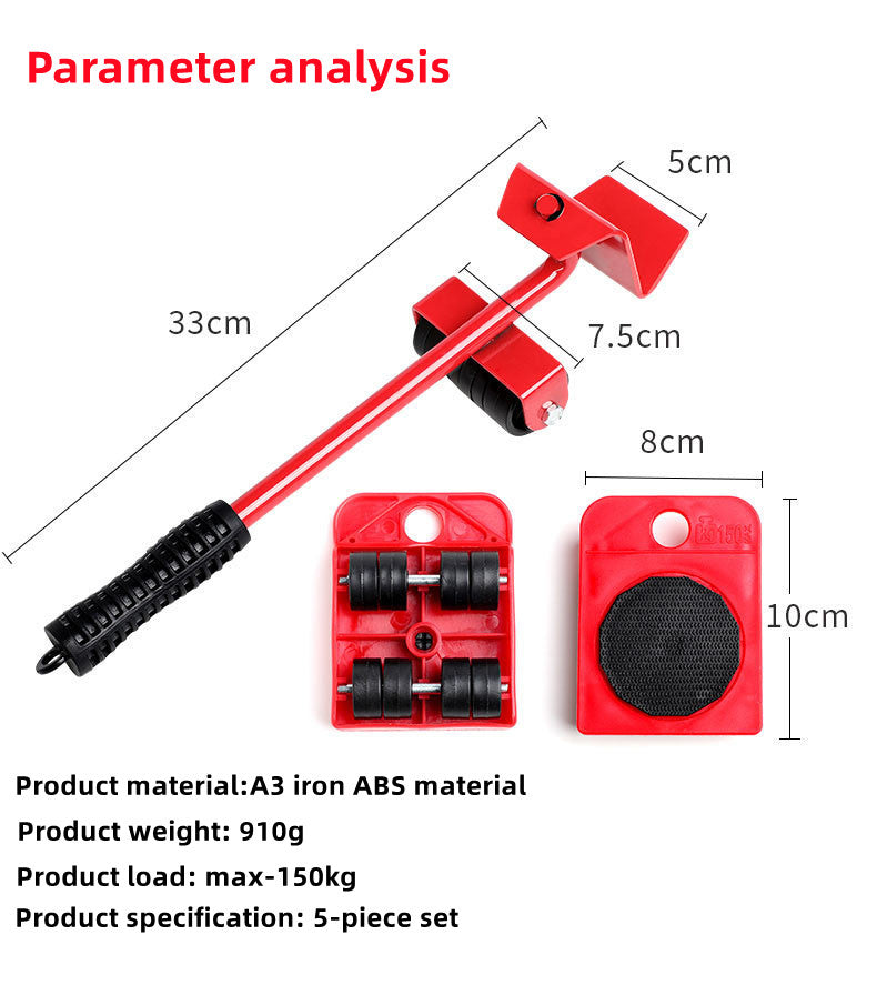 Red furniture mover tool set with measurements and specifications on a white background.