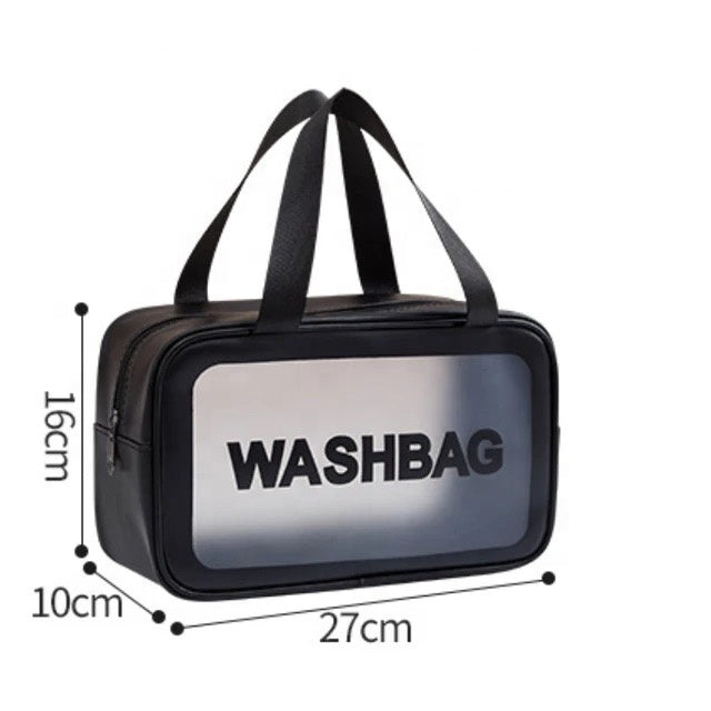 Black washbag with transparent side panel displaying 'WASHBAG' and measurements on a white background