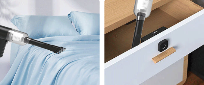 Two images showing a vacuum cleaning a bed and cleaning under a desk.