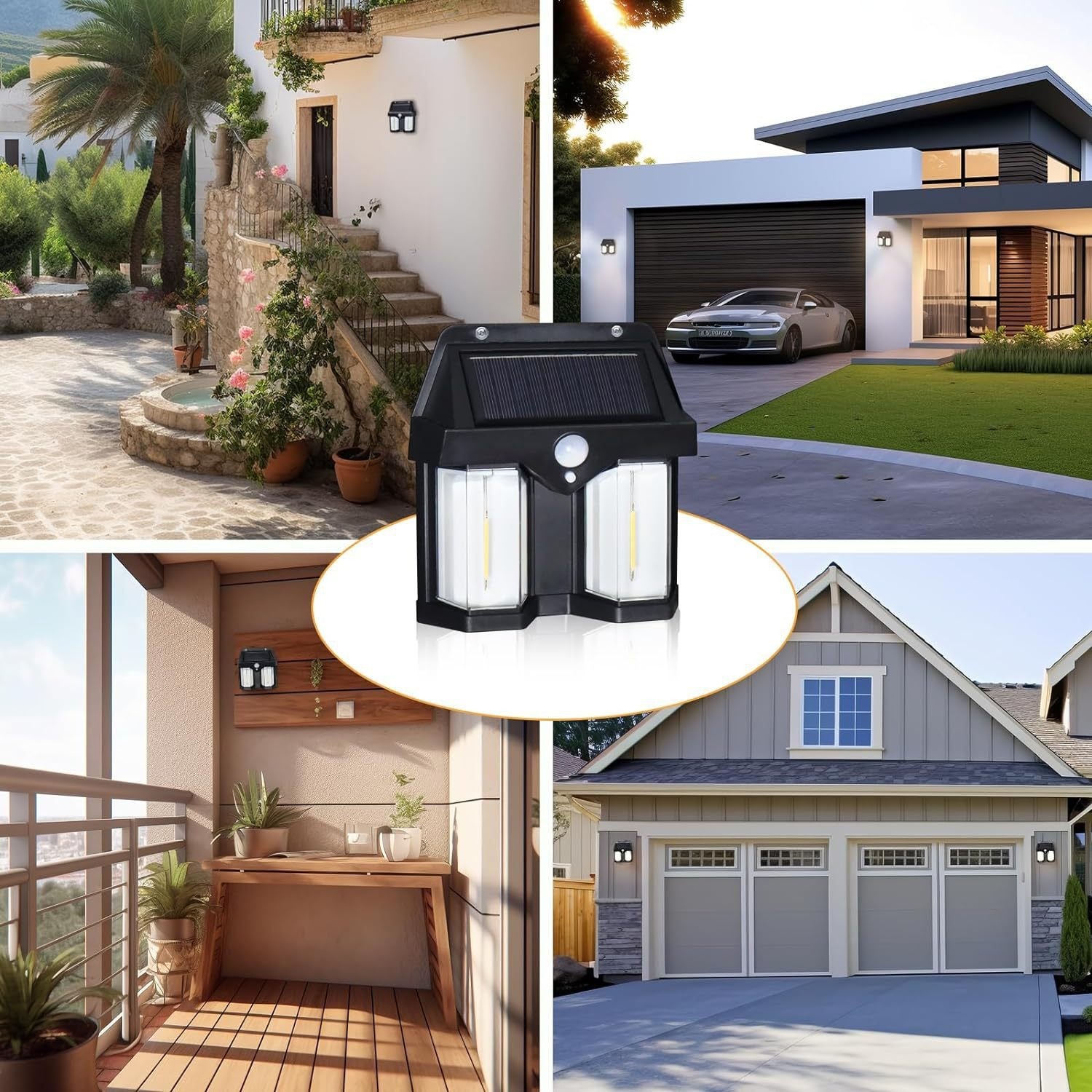 Solar light fixture with outdoor settings including a house, driveway, and interior. solar wall light CL-228, solar motion sensor light Pakistan, outdoor waterproof solar light.