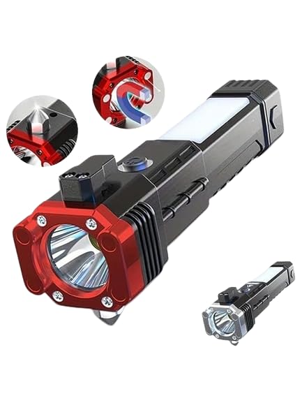 4-in-1 Rechargeable Safety Flashlight – Torch | Power-Bank | Window-Breaker | Seat-Belt Cutter