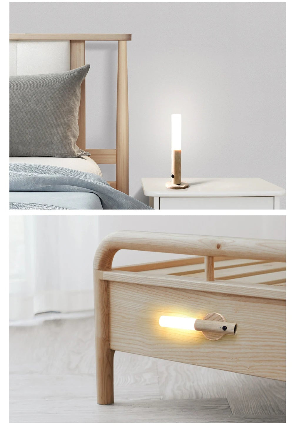 Bedroom setting with wooden bed frame, wall-mounted light fixture, and clothing rack.  magnetic motion sensor night light, wooden rechargeable night lamp.