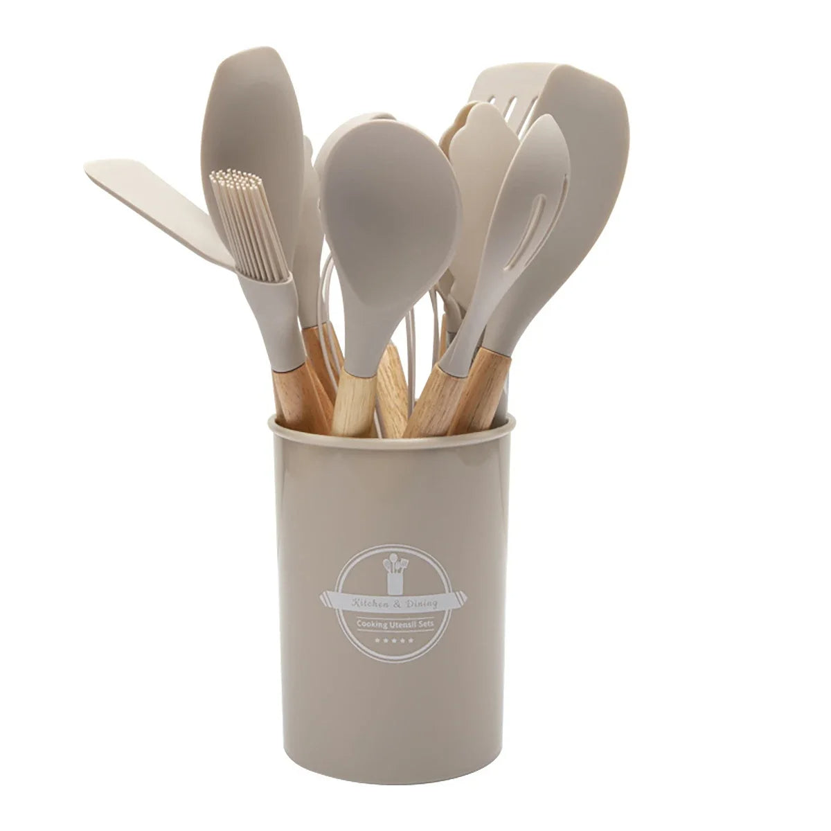 Set of kitchen utensils including spatulas and a whisk in a cylindrical container on a white background. silicone wooden handle kitchen utensil set Pakistan.