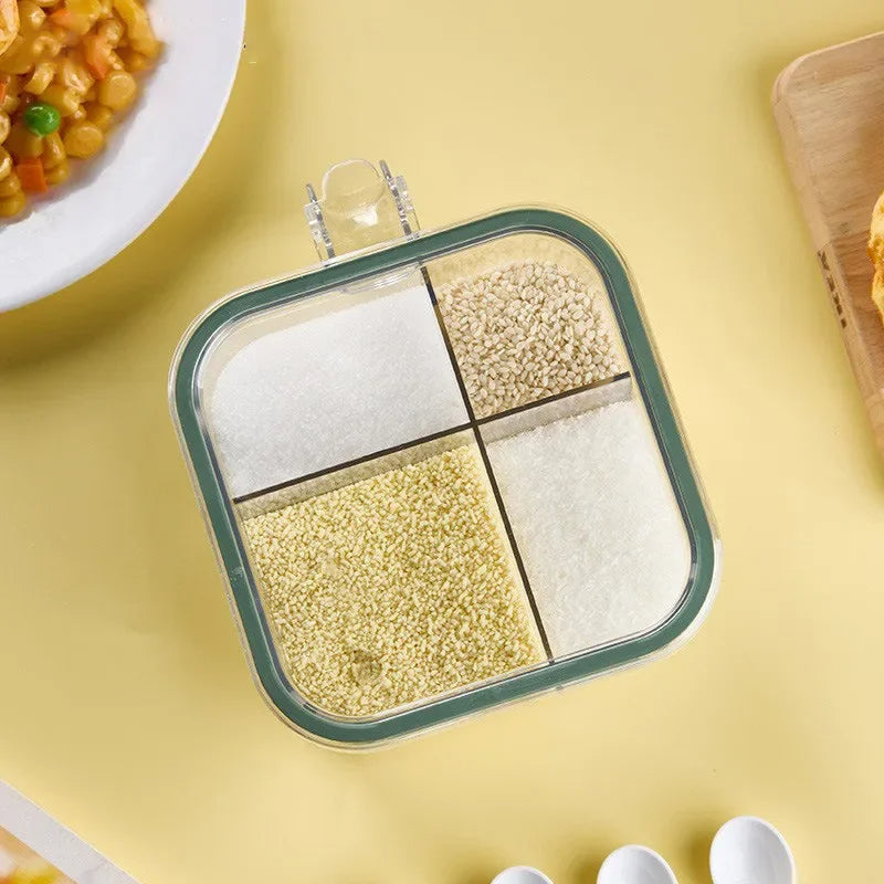 Four-section container with different types of grains on a yellow surface