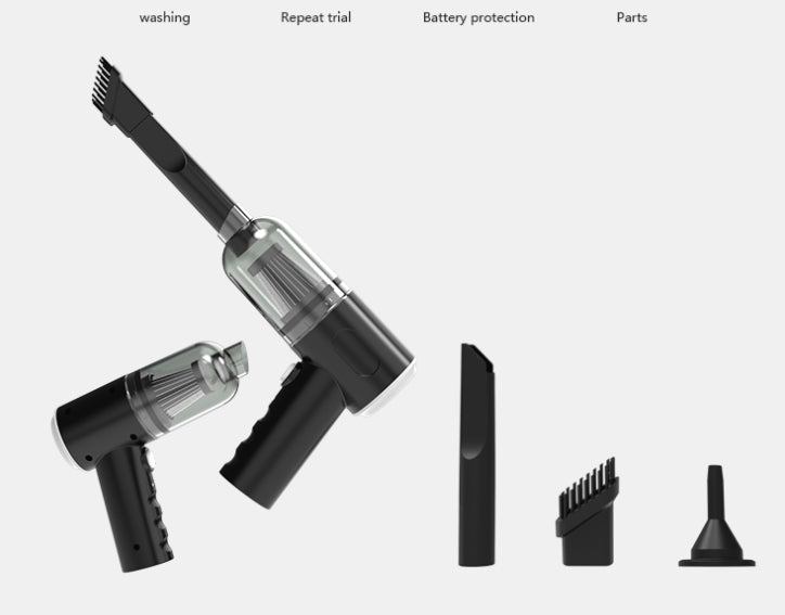 Black  cordless car vacuum cleaner Pakistan with attachments on a white background. 9000Pa mini vacuum price, USB-C handheld vacuum LED, 3-in-1 blower duster vacuum, portable wet dry vacuum Pakistan