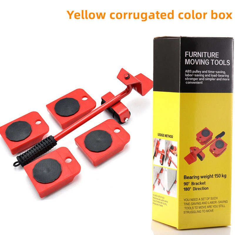 Red furniture moving tools with yellow corrugated packaging on a white background. Furniture lifter 150kg, heavy appliance slider, move fridge alone, DIY sofa moving rollers, 5pcs furniture moving kit.