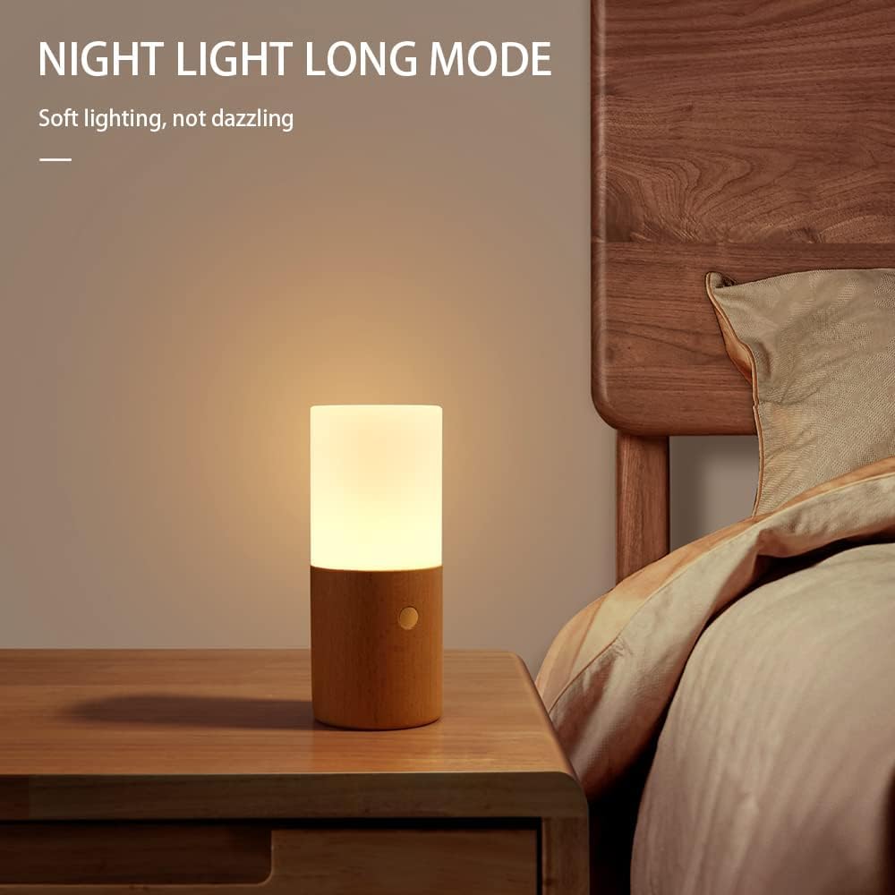 Table lamp on a nightstand with soft lighting in a bedroom setting. rechargeable RGB wooden table lamp Pakistan, gravity flip night light USB‑C.