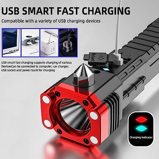 4-in-1 Rechargeable Safety Flashlight – Torch | Power-Bank | Window-Breaker | Seat-Belt Cutter