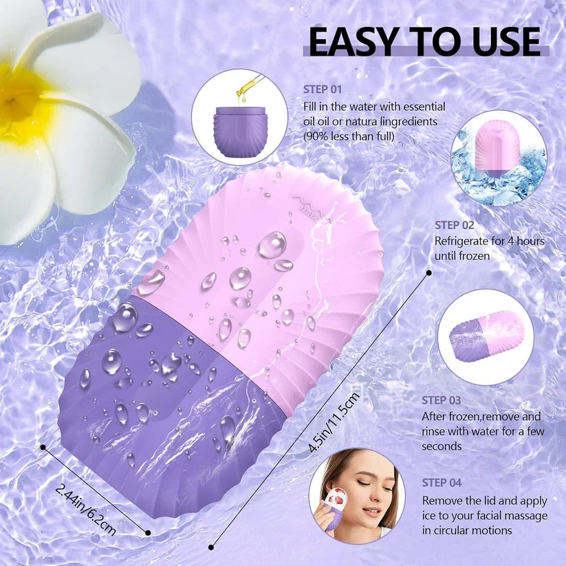 Instructions for using a facial ice roller with a purple and pink design on a water-themed background.  ice roller for face Pakistan, face icer reusable silicone, de puff eyes tool.