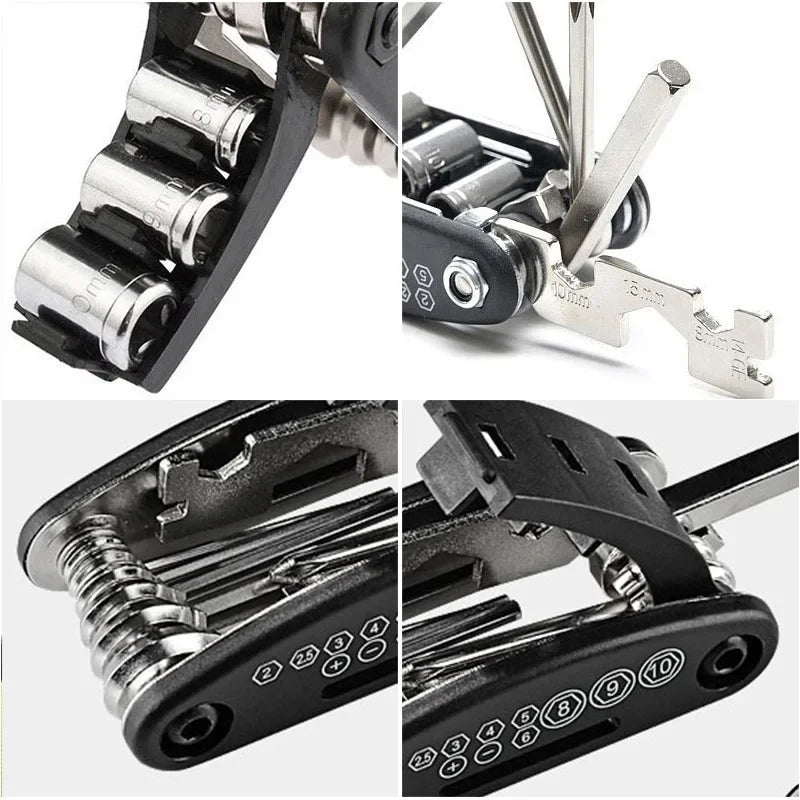 Multitool with various tools on a white background. 8 9 10 mm socket bike tool, 14G spoke wrench multitool, hex 2 2.5 3 4 5 6 mm tool, budget bike multitool.