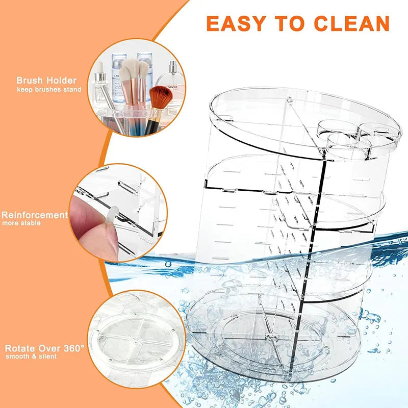 31 cm makeup carousel, adjustable vanity organizer, clear skincare storage rack, brush holder perfume tray.