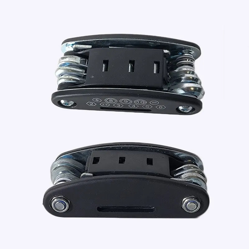 Two black multi-tool devices on a white background. 8 9 10 mm socket bike tool, 14G spoke wrench multitool, hex 2 2.5 3 4 5 6 mm tool, budget bike multitool.