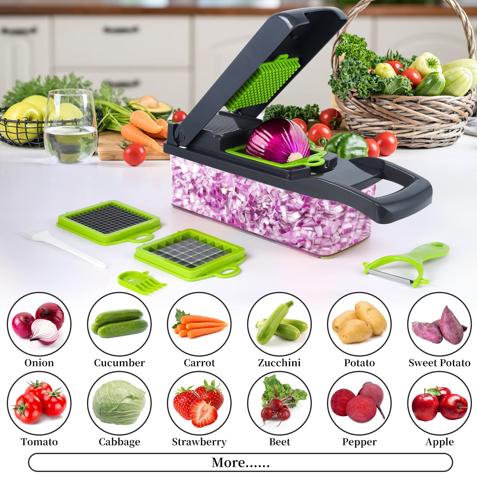 Multifunctional vegetable chopper with attachments on a kitchen counter, surrounded by vegetables. 16 in 1 vegetable chopper Pakistan, mandoline slicer onion cutter.