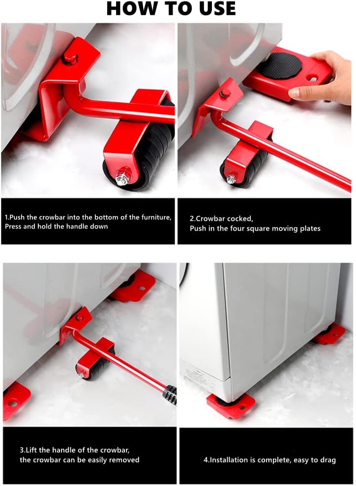 Instructions on how to use a red furniture mover tool for moving furniture.