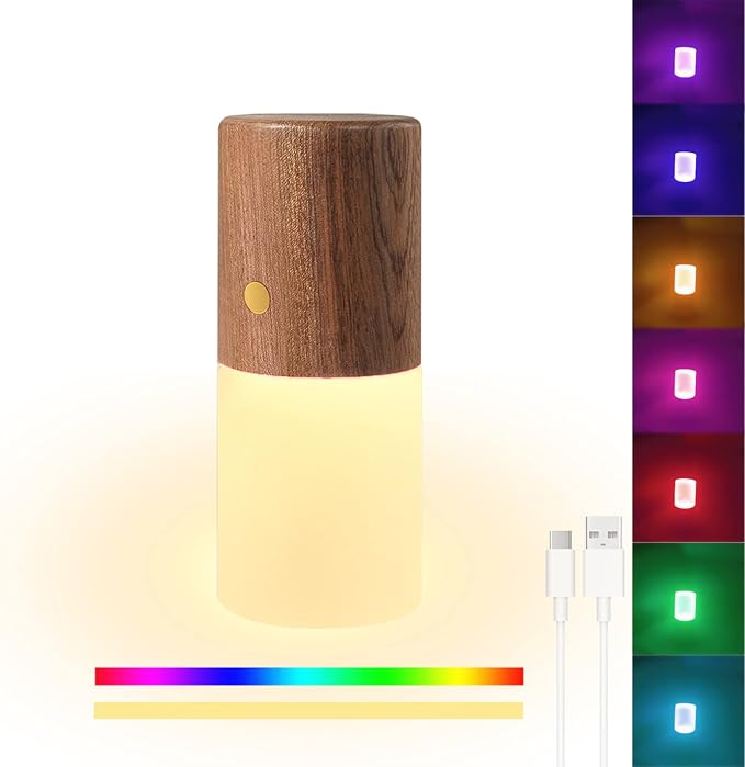 Wooden and white cylindrical lamp with color-changing options on a white background. rechargeable RGB wooden table lamp Pakistan, gravity flip night light USB‑C.