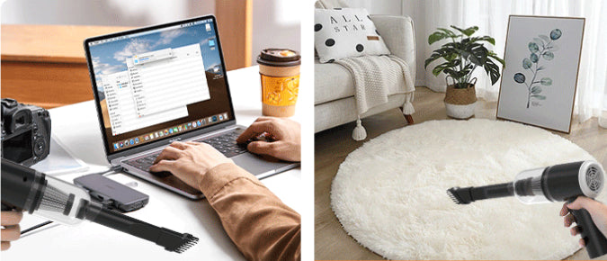 Person using a laptop with a camera and phone on a desk, and a hand using a hair dryer on a fluffy rug.