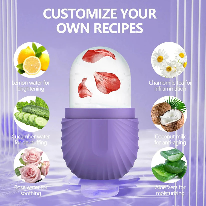 Purple skincare device with customizable ingredients on a purple background.  ice roller for face Pakistan, face icer reusable silicone, de puff eyes tool.