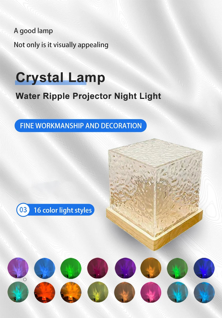 Crystal lamp with water ripple projector night light on a white background