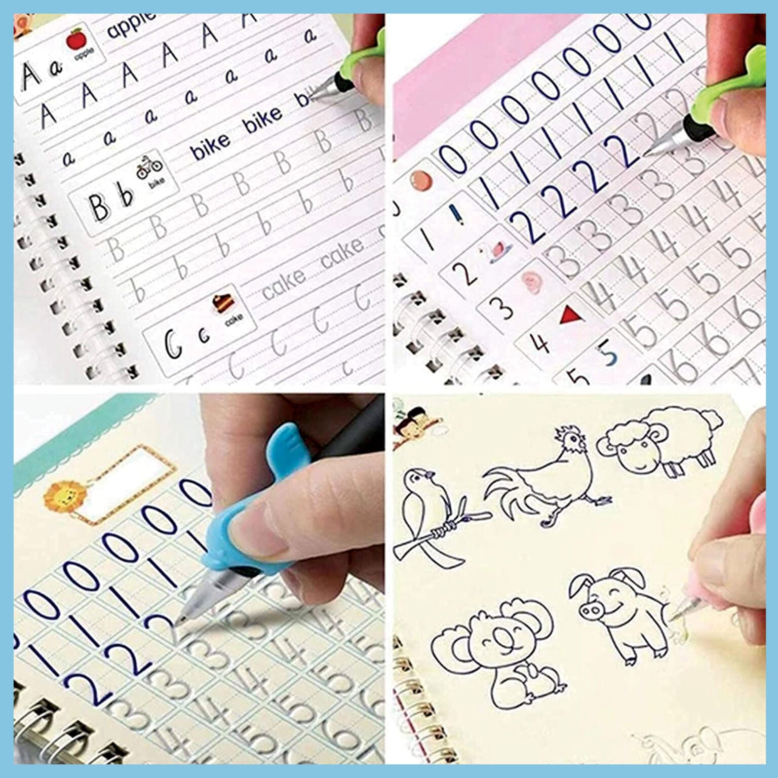 Collage of a writing aid tool being used on various educational materials with letters, numbers, and drawings. sank magic practice copybook Pakistan, reusable handwriting workbook.