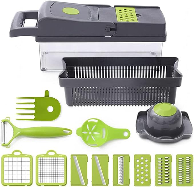 Multifunctional kitchen tool set with various attachments on a white background. 16 in 1 vegetable chopper Pakistan, mandoline slicer onion cutter.