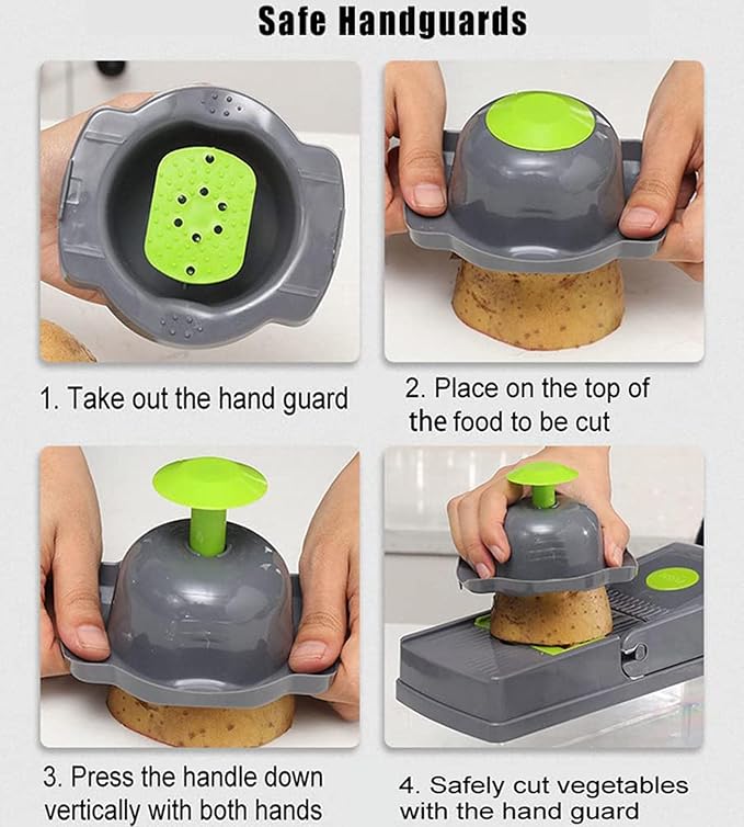 Instructions on how to use a safe handguard for cutting vegetables. 16 in 1 vegetable chopper Pakistan, mandoline slicer onion cutter.