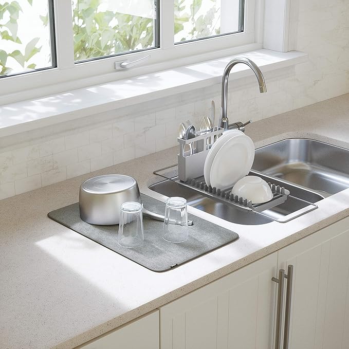 Kitchen sink with dishes on a countertop near a window
