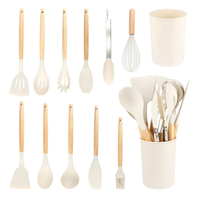 Set of kitchen utensils with wooden handles on a white background. silicone wooden handle kitchen utensil set Pakistan..