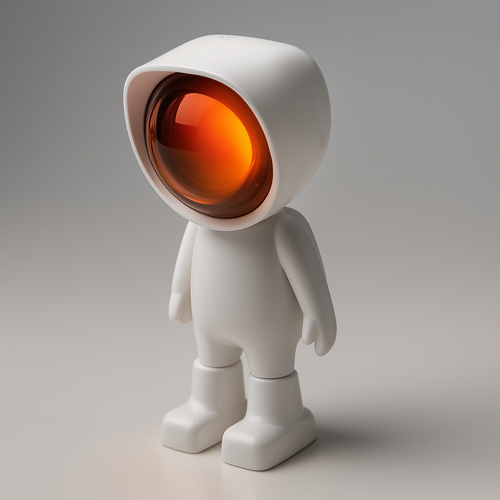 White robot figure with a glowing orange head on a gray background