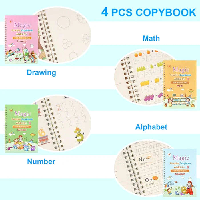 Set of four copybooks for drawing, math, alphabet, and number practice on a light blue background. sank magic practice copybook Pakistan, reusable handwriting workbook.