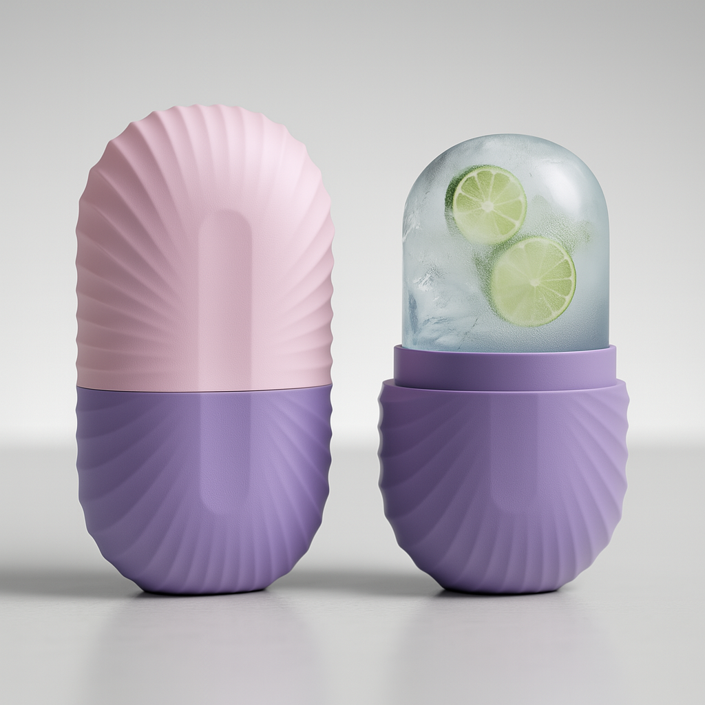 Two shell-shaped containers, one pink and one purple, with a clear lid showing ice and lime slices.  ice roller for face Pakistan, face icer reusable silicone, de puff eyes tool