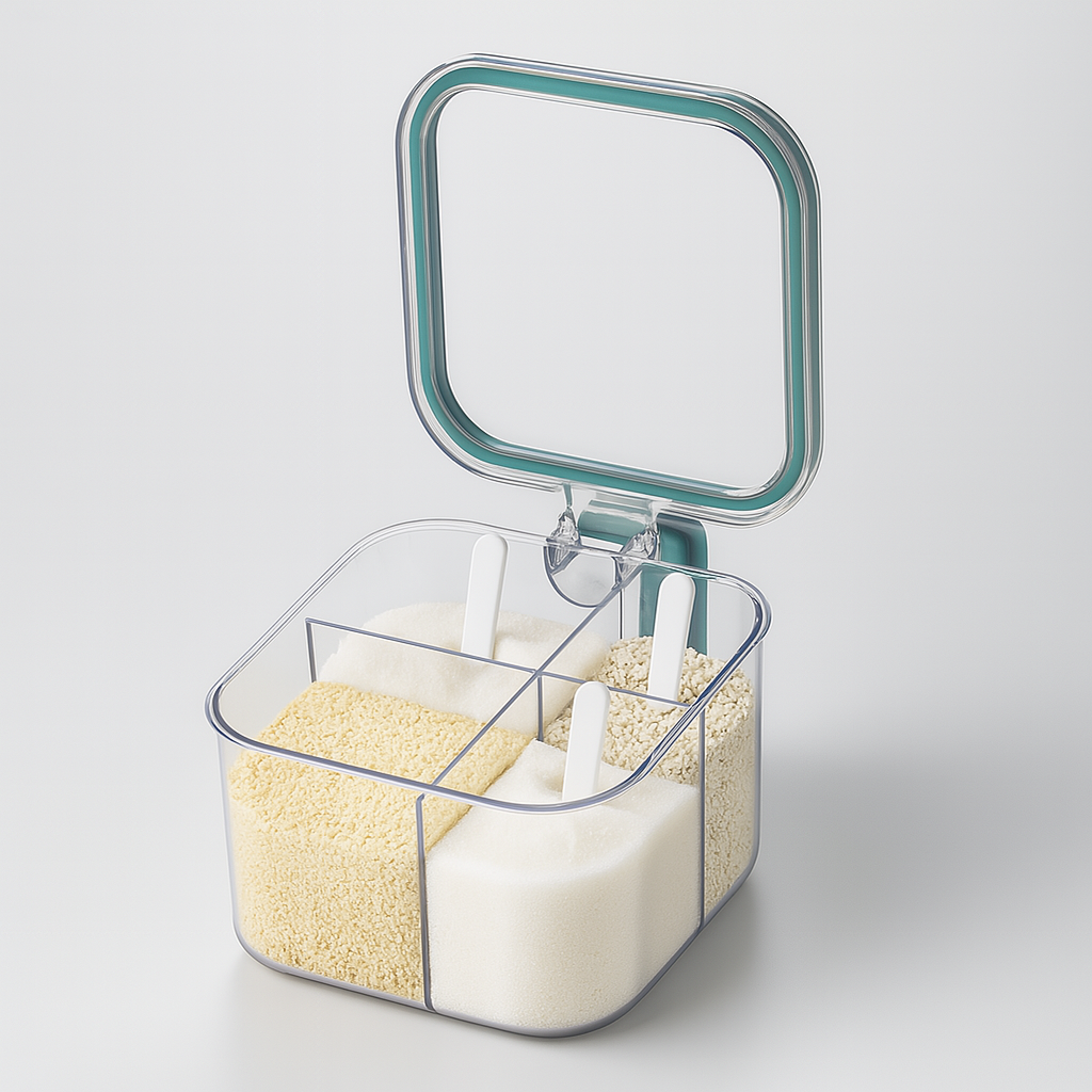 Clear container with a green lid filled with white and yellow granular substances on a light gray background