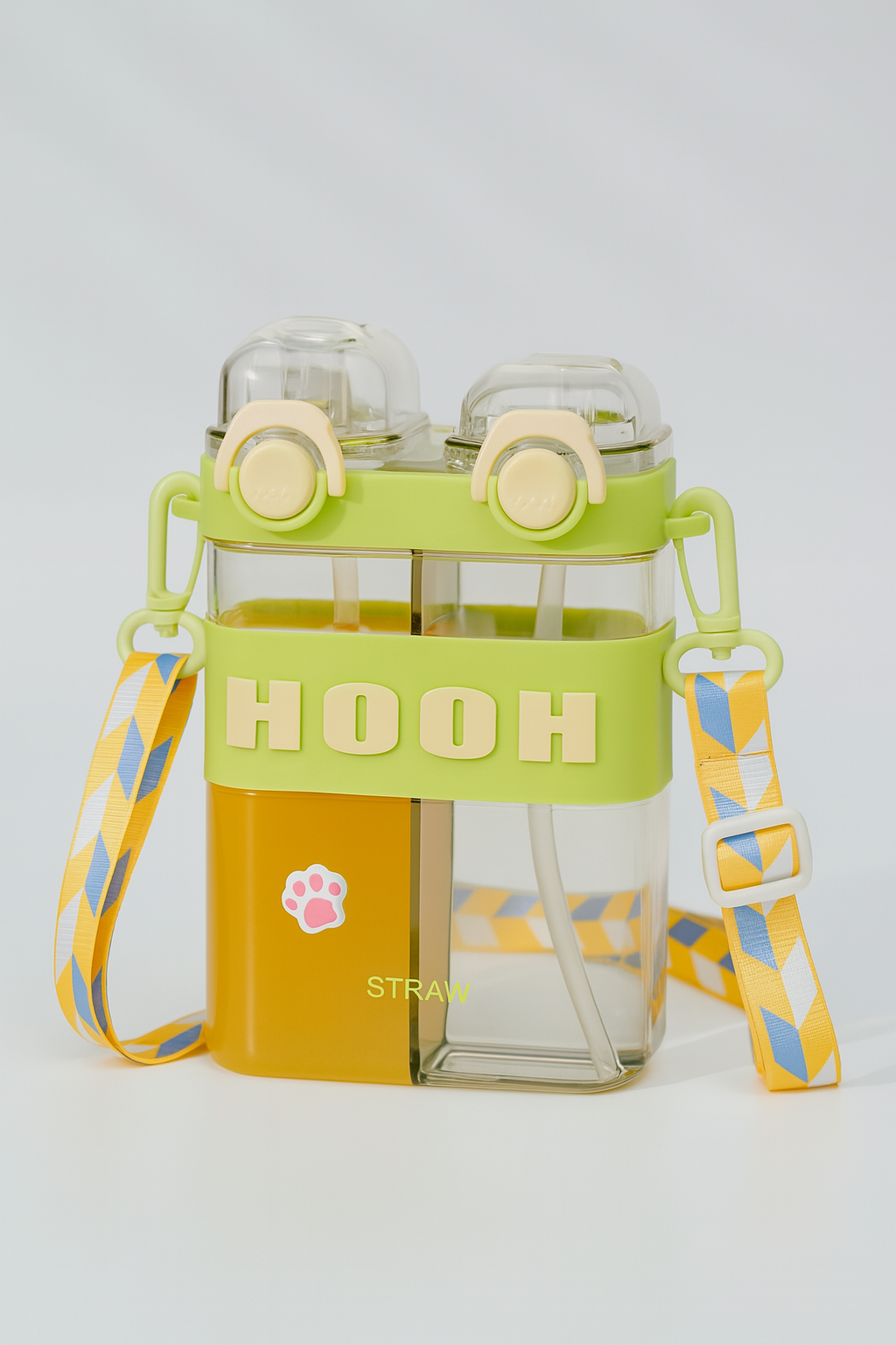 Clear water bottle with green lid and colorful strap on a white background.  HOOH water pot 800ml, double chamber bottle with strap, kids crossbody water bottle, two drinks bottle, HOOH split drink bottle, dual chamber water bottle, 2‑in‑1 water bottle Pakistan.