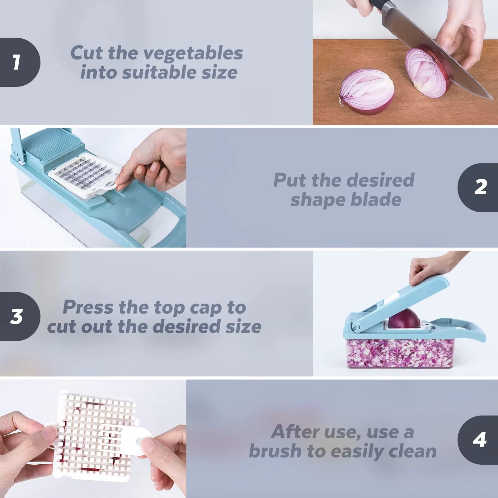 Step-by-step guide on using a vegetable chopper with text instructions. 16 in 1 vegetable chopper Pakistan, mandoline slicer onion cutter.
