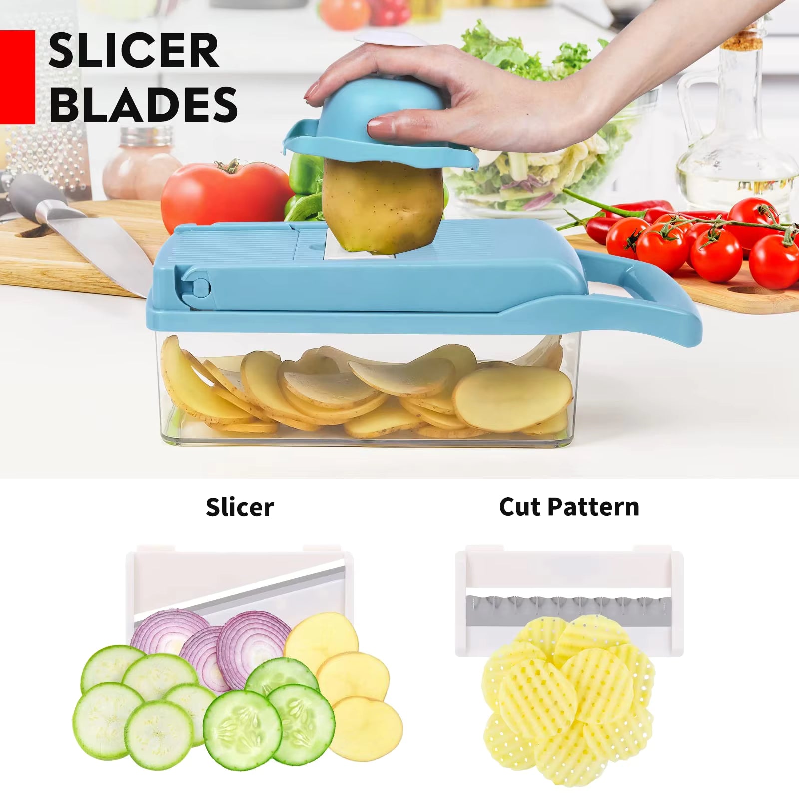 Kitchen slicer with sliced vegetables on a white background. 16 in 1 vegetable chopper Pakistan, mandoline slicer onion cutter.