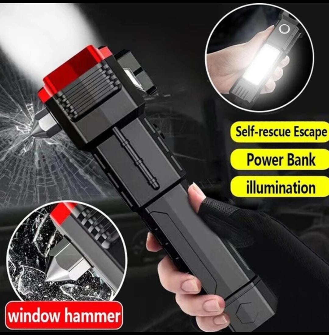 4-in-1 Rechargeable Safety Flashlight – Torch | Power-Bank | Window-Breaker | Seat-Belt Cutter