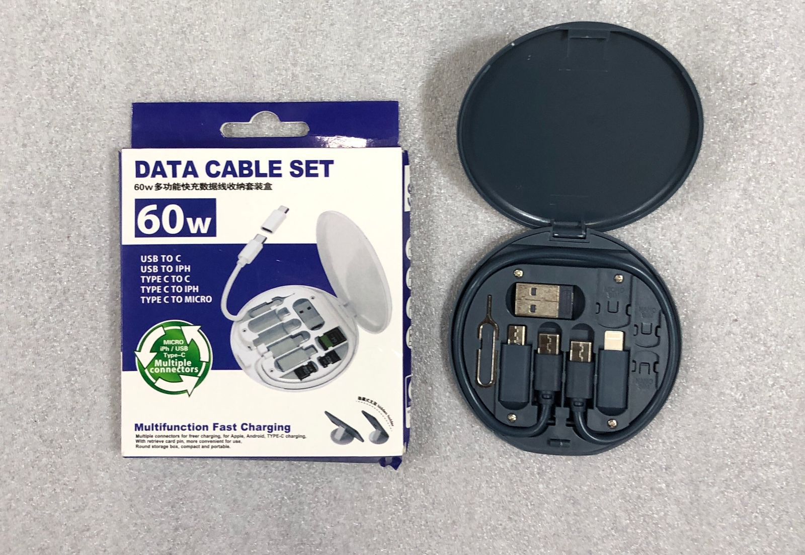 Portable 5-in-1 Fast-Charge Cable Kit (60 W) – Universal Charging & Data Transfer