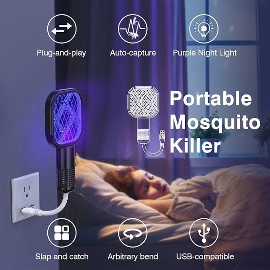 Portable mosquito killer plugged into a wall socket with features listed.