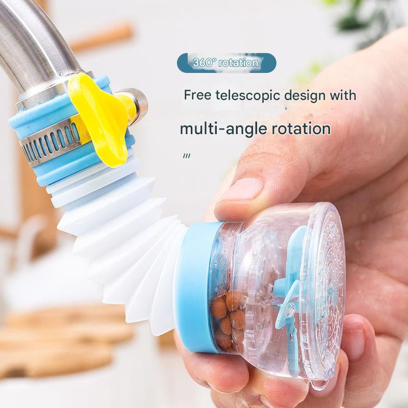 Hand holding a kitchen faucet attachment with 360-degree rotation feature.