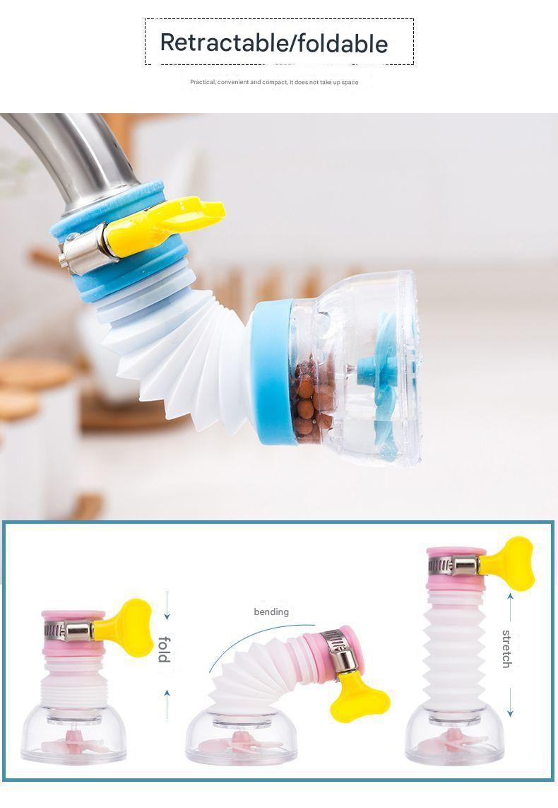 Retractable and foldable water filter attachment on a faucet with additional images showing its flexibility.