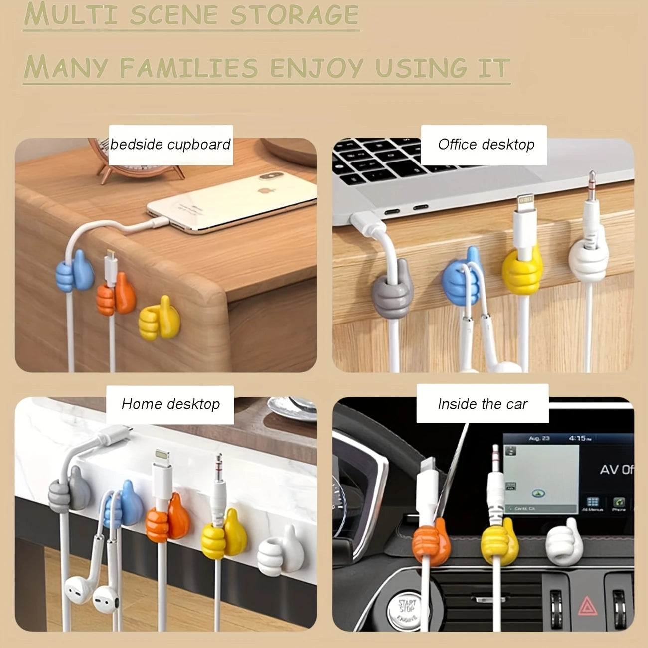 Cable organizers in various settings including a bedside cabinet, office desk, home desk, and car.