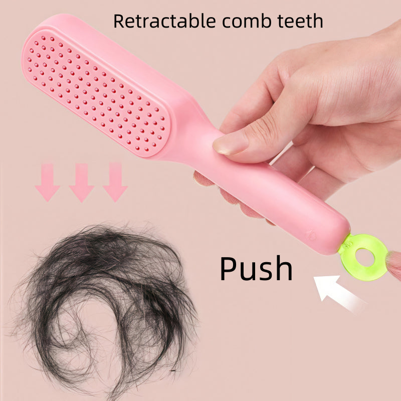 Pink hairbrush with retractable comb teeth, showing collected hair and text instructions.