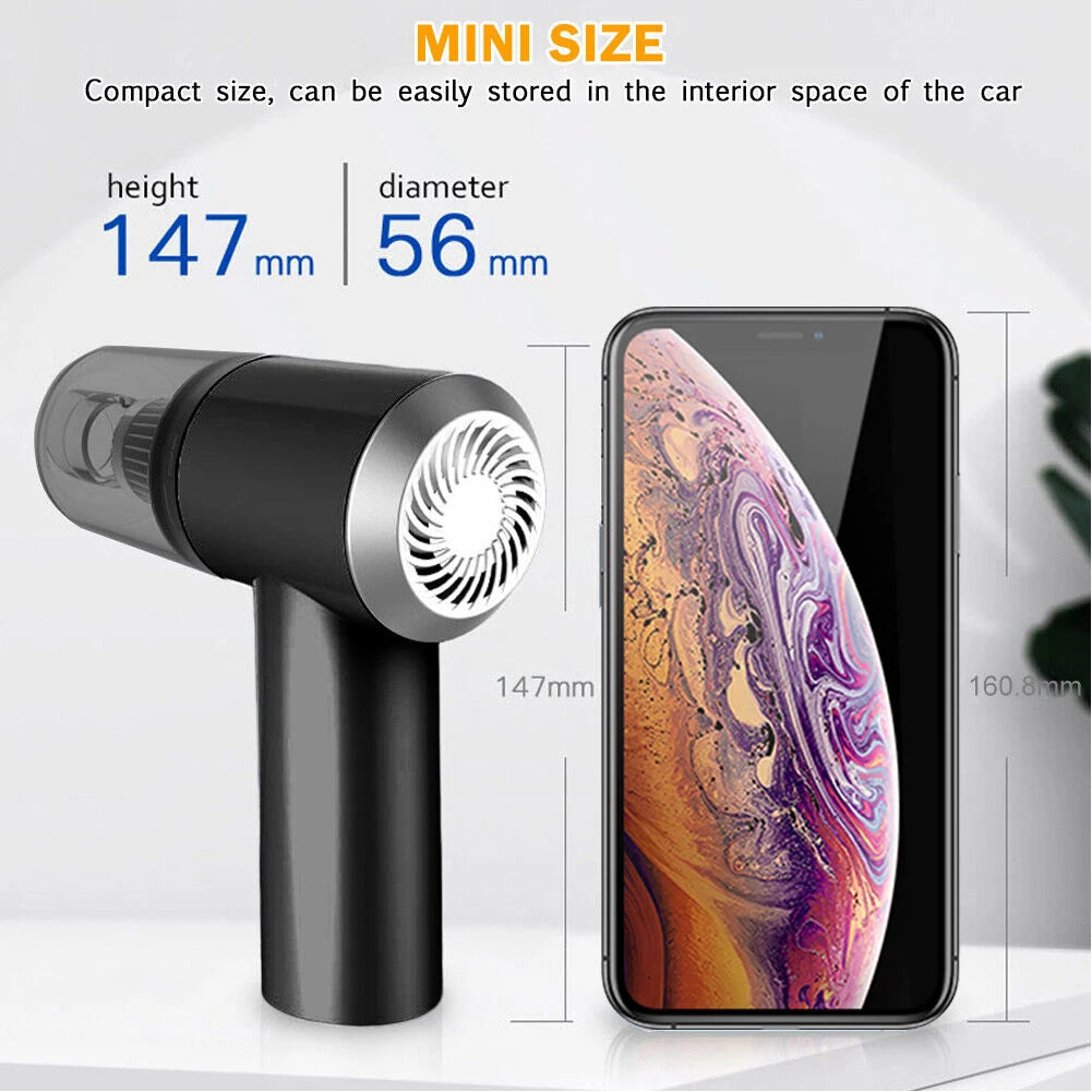 Handheld device with smartphone for size comparison, labeled 'mini size'. 9000Pa mini vacuum price, USB-C handheld vacuum LED, 3-in-1 blower duster vacuum, portable wet dry vacuum Pakistan